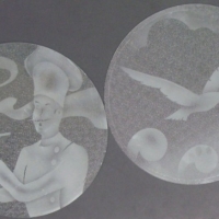 2 x Art Deco Frosted and etched Round Glass Panels - a Baker with a steaming pie and a bird in flight - Sold for $134 - 2013