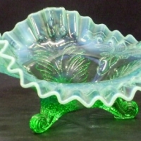 Green Victorian Vaseline glass bowl with three feet to base & frilled lip - Sold for $104 - 2013
