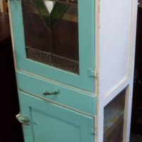 Small sized Single KITCHEN CUPBOARD - mesh sided Meat safe to lower section w Leadlight Panel to top door, painted Blue & White - Sold for $85 - 2013