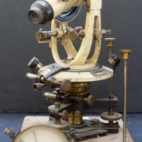 Group lot - c1910 German surveyors transit Theodolite by Sartorius Werke, Gottingen in orig wooden case with separate clip on brass compass - Sold for $305 - 2013
