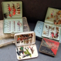 Large collection fishing flies,  4 aluminium boxes 2 plastic boxes and one cigarette tin all full - Sold for $177 - 2013