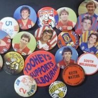 Group lot vintage FOOTBALL badges inc - Demons, Tigers, Bulldogs, Bernie Quinlan, Gerrard Healy, Laurie Serafini etc - Sold for $67 - 2013
