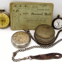 Small box lot - 3 x vintage POCKET WATCHES incl, Swiss made with enamelled face, Westclox pocket Ben, unmarked with fob chain Also incl, lovely circa  - Sold for $67 - 2013
