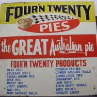 Chipboard FOUR'N TWENTY milk bar sign incl Bird, pie images &  product list, etc 60 x 63 cms - Sold for $342 - 2013