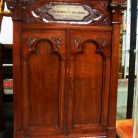 Ornately carved vintage blackwood church pulpit with original plaque to front dated 1873 - Sold for $317 - 2013