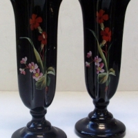 Pair Victorian black glass  vases with hand painted enamel floral decoration - 25cmH - Sold for $55 - 2013