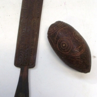 2 x pieces vintage carved tribal - spatula and carved nut whistle - Sold for $73 - 2013