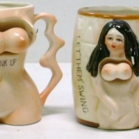 Lot Vintage RISQUE Pinup Items - 2 x Mugs 'let em swing & drink up' + 2 x MATCHBOXES incl Fold Out, etc - Sold for $73 - 2013
