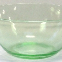 Large  chromium/uranium glass mixing bowl with pouring lip & handle - 23 cm in diameter - Sold for $92 - 2013