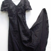 1920's long black satin silk evening dress, short sleeves, 'v' neck with ruching to front, fitted waist with flared skirt, applied patchwork gathered  - Sold for $98 - 2013