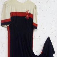 1930's long crepe evening dress - navy bluecreamred,  with dark red banding trim to top of sleeves, across bust and sides, top of bodice, embroidered  - Sold for $104 - 2013