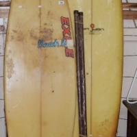 Group lot - Pair of Vintage surfboards San Juan Byron Bay single fine and Nick Pope thruster and pair of paddles - Sold for $110 - 2013