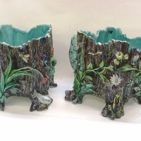 Pair c1880's HUGO LONITZ Palissy Majolica planters -square shaped, raised feet with bark like texture, applied flora & fauna decoration with frogs, in - Sold for $878 - 2013