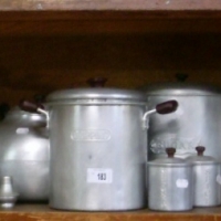 Large lot 1930's aluminium kitchen ware with Bakelite knobs - Sold for $134 - 2013