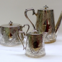 c1920 3 x pce. Silver plated coffee service - milk jug, sugar pot & coffee pot (af) - Sold for $61 - 2013