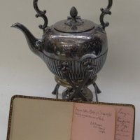 Circa 1910 Silverplated hot water spirit kettle on branch handled stand Presented to MR S Brice for services as president of the sports committee of t - Sold for $79 - 2013