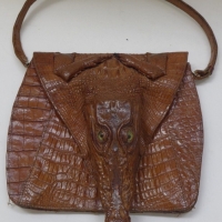 1930's crocodile leather handbag -  complete head with snapping jaws and arms in relaxed position and mirror - Sold for $183 - 2013