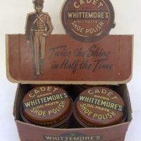 Full box of Brown Cadet boot polish by Whitemore's - Original point of sale box with stand up Cadet Character - 12 tins - Sold for $110 - 2013