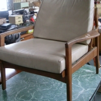 1970's teak framed FLER CHAIR - beige vinyl upholstery - Sold for $232 - 2013