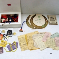 Box lot horse racing membership medallions - VATC - Turf Club Etc, Certificates of registration to be a Bookmakers clerk,  Bookmakers certificates cir - Sold for $73 - 2013