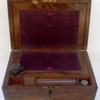 Victorian walnut veneer writing box with original inset ink wells, purple velvet lining - Sold for $98 - 2013