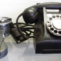Group lot - 2 x vintage telephones a black PMG Bakelite phone and an aluminium cased Butinski linesmans phone - Sold for $98 - 2013
