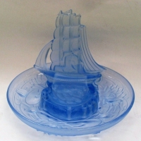 Large c1930's blue glass FLOAT BOWL set - large flat bowl w flower aid & central SAILING SHIP - Fab Cond - Sold for $220 - 2013
