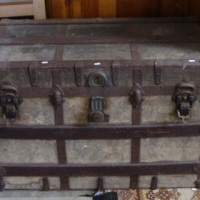 Large iron banded shipping trunk by W B Davis of New York with original label under the lid - Sold for $159 - 2013