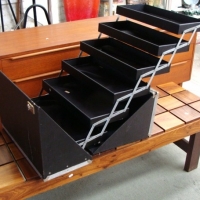 Large black portable concertina box display stand with 6 x trays ideal for jewellery, smalls etc - Sold for $79 - 2013