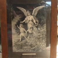 c1900 Framed black and white religious lithograph in English oak frame titled The Guardian Angel  featuring an angel looking over two children - Sold for $55 - 2013