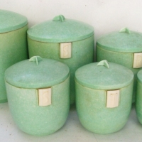 Complete set 1930's Mottled green Bakelite canisters by Duperite - Made in Australia - Sold for $92 - 2013