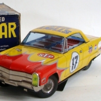 Boxed Japanese made TIN TOY - Stunt Car - fantastic bright colourful paintwork & advertising, made by 'Modern' toys - Sold for $73 - 2013