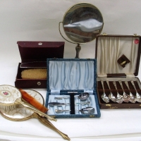 Box lot boxed vintage silverplate flatware including fish set cake set - dressing table items etc - Sold for $67 - 2013