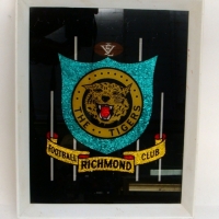 Framed c1950's RICHMOND TIGERS Foil Picture - Emblem in Front of GOAL posts w VFL Footy Above - 24x195cm - Sold for $67 - 2013