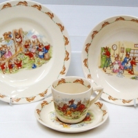Group lot of Royal Doulton Bunnykins -  Concert Plate - washing the house bowl- playing in the river saucer and cricket cup - Sold for $73 2014