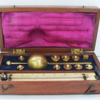Sikes Hydrometer - In Original mahogany box with full set of weights and thermometer - used for measuring the Alcohol content of liquids - Sold for $98 2014