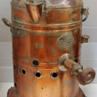 Copper plated hot water urn - all original with tap, handles, feet etc - marked Metropolitan Gas Co Flinders Street Melbourne - Sold for $195 - 2014