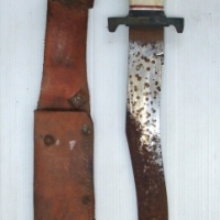 Hunting knife with unusual Curved blade, in original sheath - AF, no marks sighted - Sold for $61 - 2014