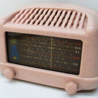 1930's Speckled pink Bakelite valve  STC Bantam mantel radio  - Eiffel Tower  Waterfall model - Sold for $317 - 2014