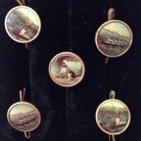 2 x small lots vintage pretty BUTTONS, incl. c1900  5 x scenic river boating scenes with shanks & 5 black glass with embossed coloured  flowers - Sold for $73 - 2014