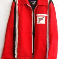 MOTORING JACKET - bright Red w Black & White stripes down sides & Original TEXACO Sew On Badges to Front & Back - leisurelite Label, - Sold for $55 2014