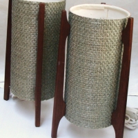 Pair 1970's wooden rocket lamps with textured moss green shades - Sold for $92 2014