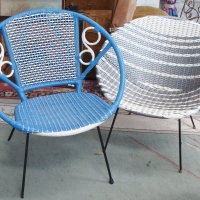 Retro Cane Bucket Chair - Blue and white with circular decoration and a silver and white chair - Sold for $73 - 2014