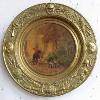 Large  decorative brass & metal wall charger - hand-painted central section with a classical Preparing for the Hunt' scene Pressed rim with arm - Sold for $110 - 2014