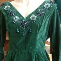 1940's - La Petite of Melbourne ladies evening dress Green velvet - V necked with bow to lower back and heavily beadedsequined floral decoration to ne - Sold for $73 2014