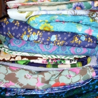 Box lot of vintage fabric, fab colours, patterns and types inc - lurex, floral, geometric, etc - Sold for $85 2014