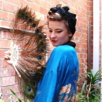 1930's silk Kimono jacket - bright blue, floral with black trim - exc Cond - Sold for $67 2014