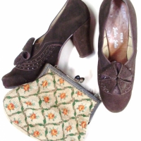 Group lot - pair of ladies 1940's brown suede shoes styled by Jules Jolie & 1930's silk tapestry evening bag - Sold for $55 2014