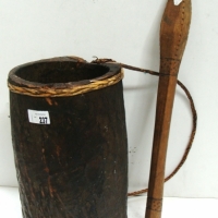 Group lot - Vintage tribal drum with rattan binding and strap and leather skin, and Vintage tribal club with square and pointed head and pyrogrpahy de - Sold for $55 - 2014