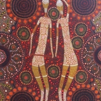 Large MARLENE DOOLAN Australian Aboriginal Oil Painting - SPIRITUAL WOMEN COLLECTING BUSH TUCKER - All details verso & dated 2009 - 88x61cm - Sold for $305 - 2014